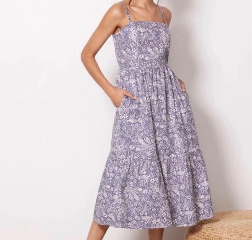 Evereve Talia Blue White Floral Smocked Square Neck Midi Dress Size Small